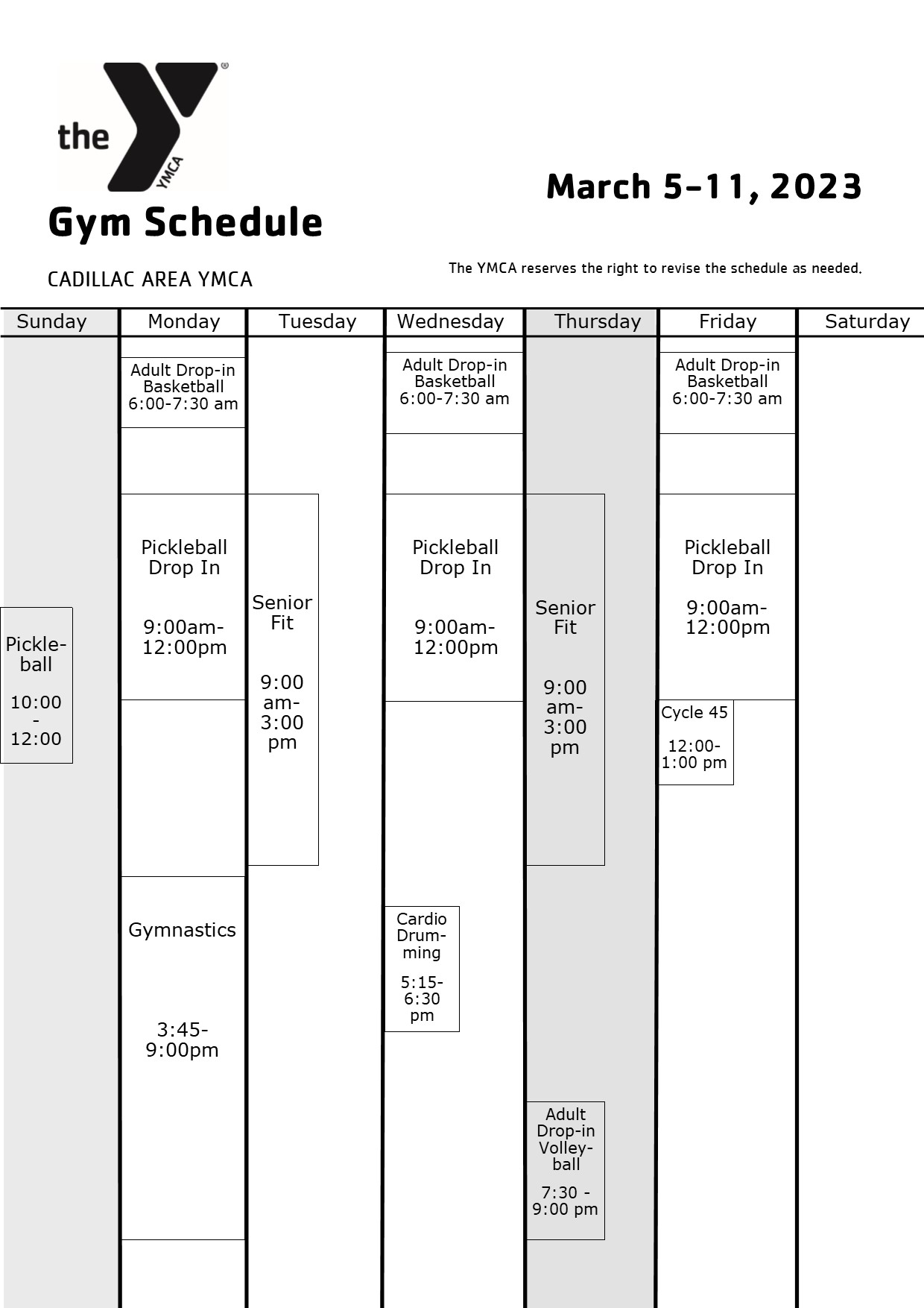 Gym Schedule Cadillac Area YMCA