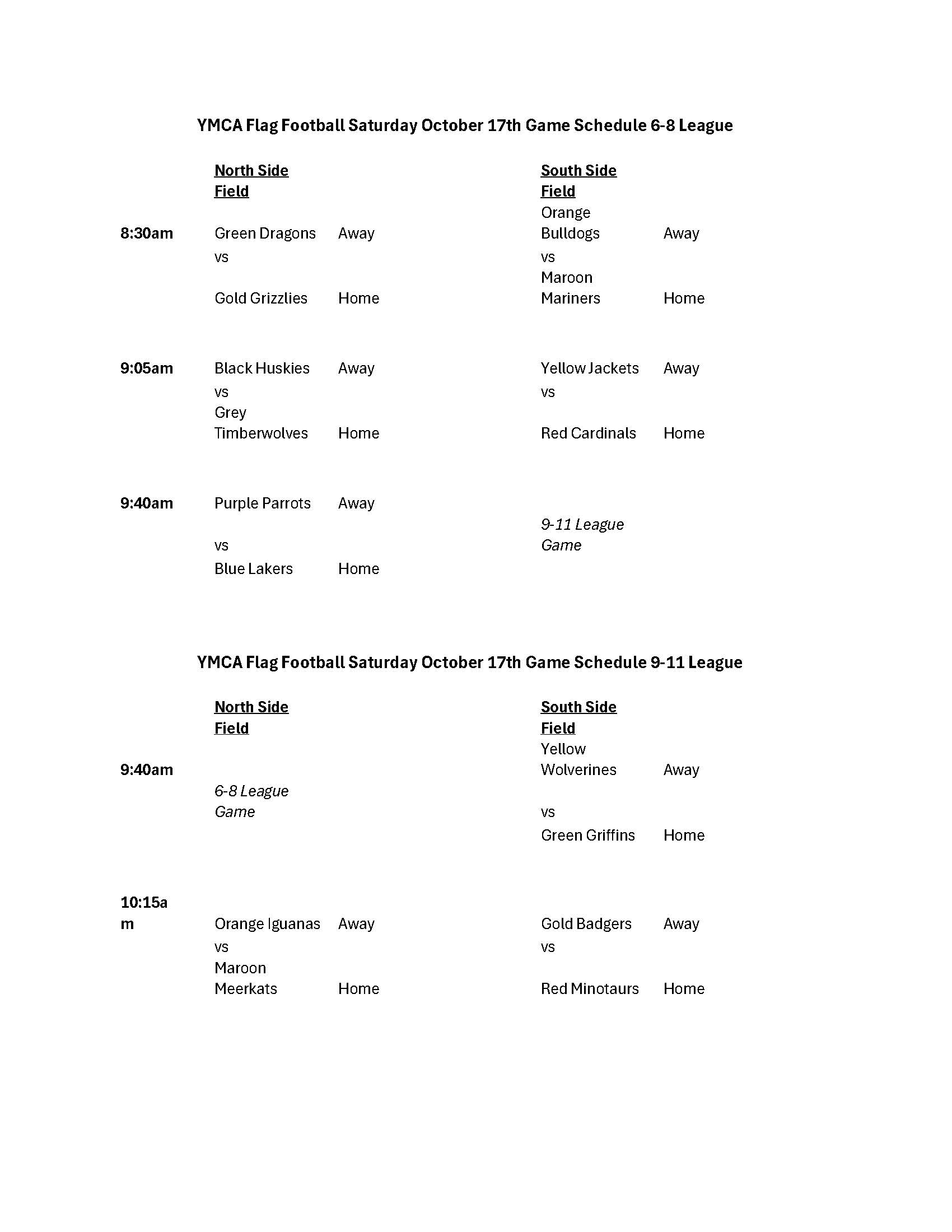 Schedule October 17th 2026